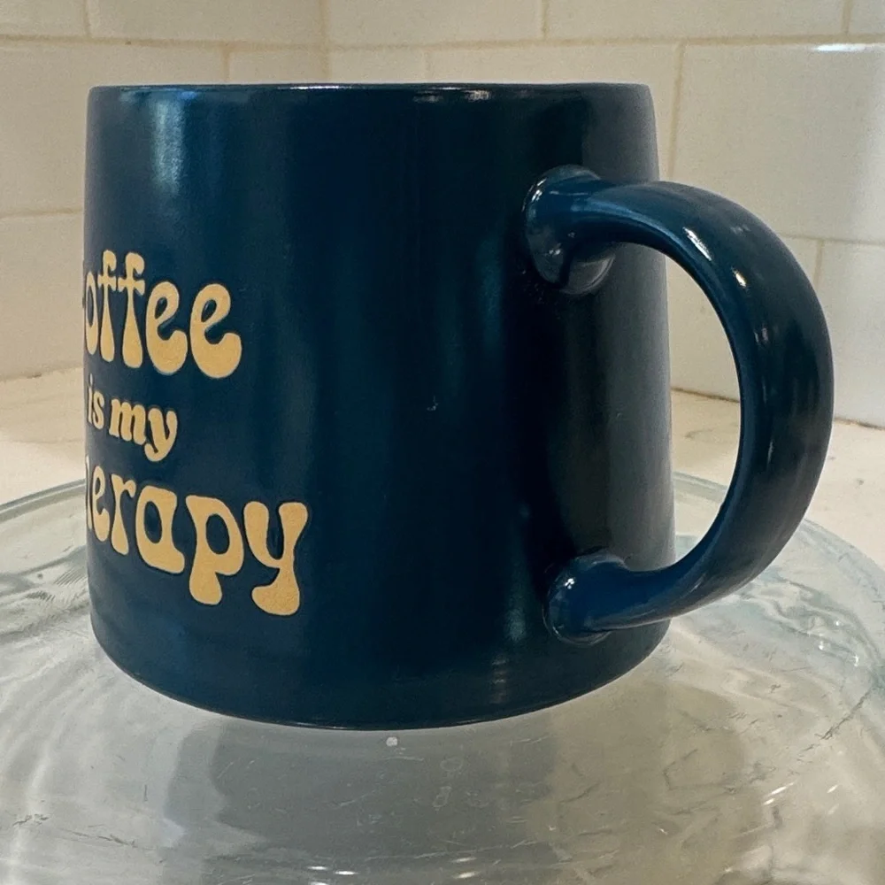 Coffee is My Therapy Navy Blue Coffee Mug with Gold Text